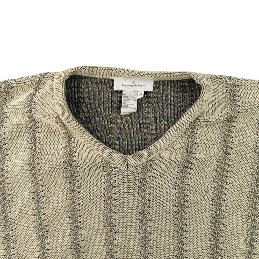 Ermenegildo Zegna Sweater Mens XL Beige Vertical Stripe Textured V-Neck Italy
